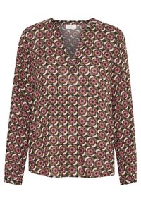 Langärmlige Bluse aus leichtem Stoff mit einem cremefarbenen, braunen und rosa kreisförmigen Blumenmuster; verfügt über einen V-Ausschnitt und eine lockere Passform.