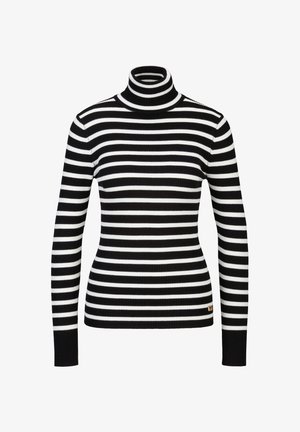 Zwart-wit horizontaal gestreepte geribbelde coltrui met lange mouwen en een getailleerd silhouet.