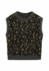 Veste sans manches en tricot duveteux avec un motif léopard gris foncé et marron, col rond, posée à plat sur fond blanc.