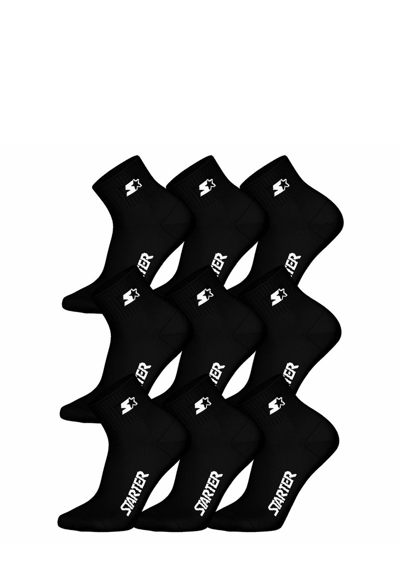 Sorte ankelstrømper med ribbede manchetter, med hvid "STARTER" branding på siderne. Materialet har en glat, strækbar tekstur.