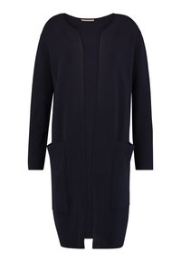 Langer navyfarbener Cardigan aus weichem Stoff, mit offenem Frontbereich, langen Ärmeln und zwei Fronttaschen. Glatte Textur mit schlichter Gestaltung.