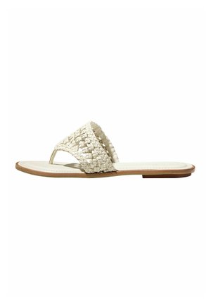 Flat slide sandal with woven white leather strap and thong toe design, featuring a light brown sole and cushioned footbed.