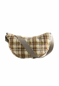 Torba crossbody w kratkę o miękkiej, puszystej fakturze w kremowych, brązowych i żółtych odcieniach, z beżowym regulowanym paskiem i metalowymi akcentami.