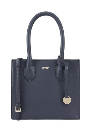 Sac à main en cuir bleu marine avec double anse supérieure, bandoulière amovible et quincaillerie dorée. Présente une petite étiquette logo et un design structuré.