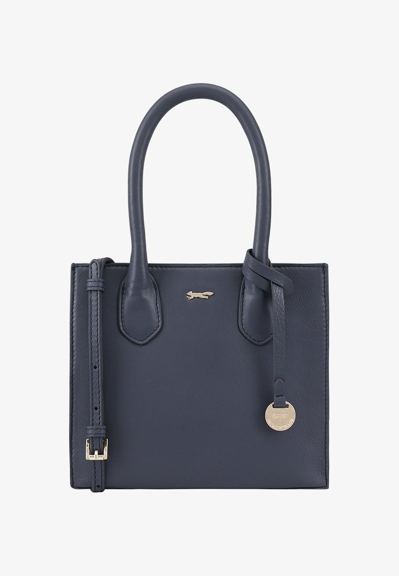 Sac à main en cuir bleu marine avec double anse supérieure, bandoulière amovible et quincaillerie dorée. Présente une petite étiquette logo et un design structuré.