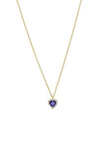 Collar de cadena de oro con un colgante en forma de coraz�ón con un centro de gema azul rodeado de acentos transparentes. Diseño simple y elegante.