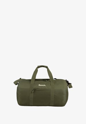 Olive green duffel bag with two carry handles and an adjustable shoulder strap. Features a front zipper pocket and textured panel accents.