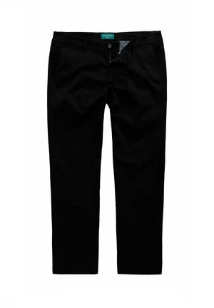 Mustat suoralahkeiset housut, joissa osittain avoin vetoketju ja napitus, sivutaskut sekä vihreä Boston Park -merkintä vyötärönauhassa sisäpuolella.