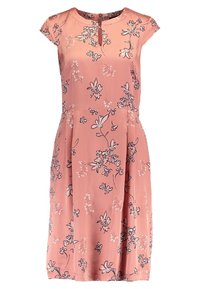 Rosa Blumenkleid mit kurzen Ärmeln, einem runden Ausschnitt und einem Knopfdetail. Verfügt über ein dezentes Blumenmuster in dunkleren Farben. Glatter Stoff.