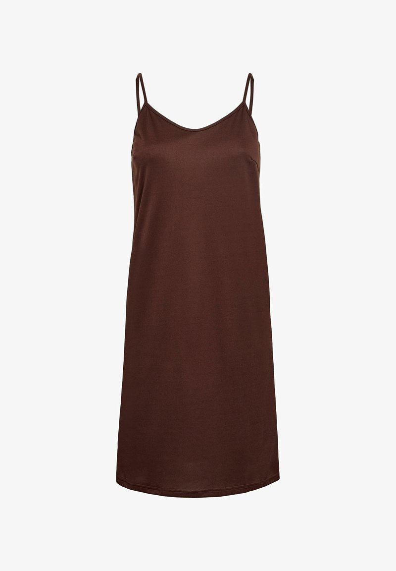 Robe nuisette marron sans manches avec fines bretelles et coupe droite ample, présentée sur un fond blanc uni.
