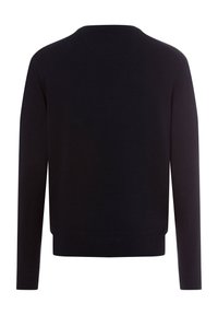 Schwarzer Pullover mit Rundhalsausschnitt, langen Ärmeln und geripptem Saum. Hergestellt aus weichem Strickstoff, mit einem schlichten Design ohne Verzierungen.