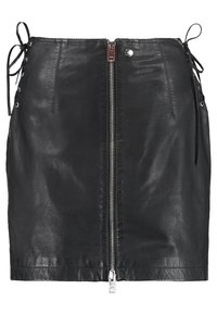 Svart faux läderkjol med främre dragkedjestängning, sidoknyt-detaljer och en åtsittande design. Slät textur med en glänsande finish.