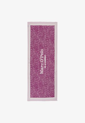 Foulard viola a fantasia con punti bianchi e testo "Marc O'Polo". Presenta una texture morbida e un bordo sottile e leggero. Forma rettangolare.