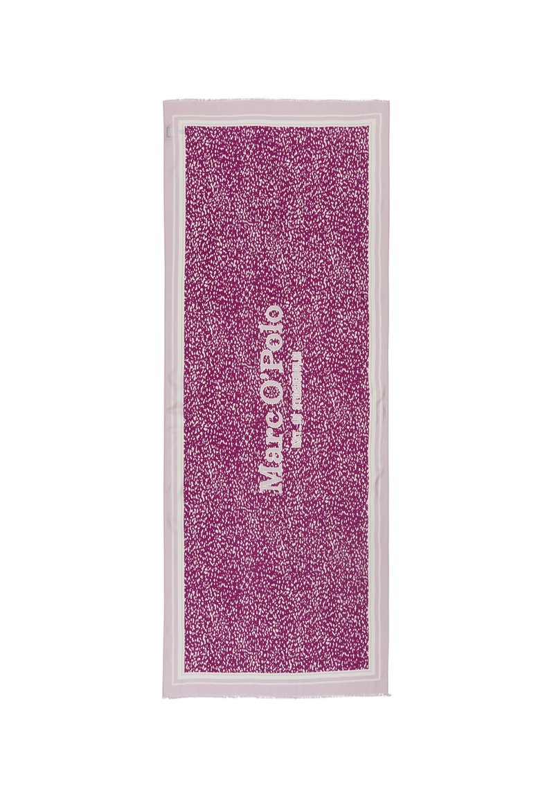 Écharpe violet à motifs avec des pois blancs et le texte "Marc O'Polo". Elle présente une texture douce et une bordure fine et légère. Forme rectangulaire.
