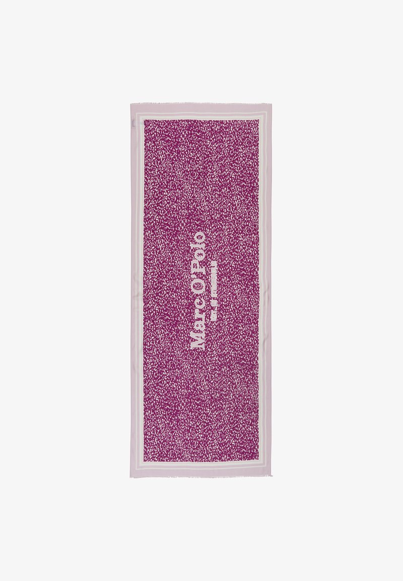 Foulard viola a fantasia con punti bianchi e testo "Marc O'Polo". Presenta una texture morbida e un bordo sottile e leggero. Forma rettangolare.