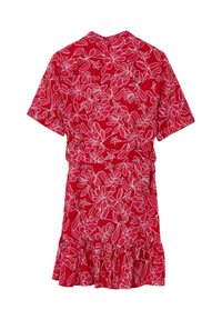 Red floral dress with short sleeves, featuring white outlined flower patterns, a cinched waist, and a ruffled hem. Cotton fabric.