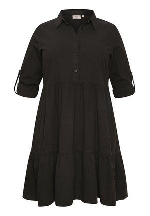 Vestito nero con bottoni, colletto, maniche a tre quarti e gonna a strati arricciata. Realizzato in tessuto morbido con un design casual.