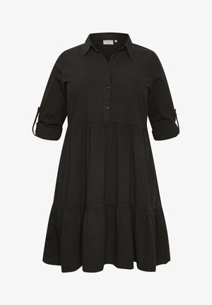 Schwarzes Hemdkleid mit Kragen, Dreiviertelärmeln und gerafftem, gestuftem Rock. Hergestellt aus weichem Stoff mit einem lässigen Design.