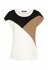 T-shirt à manches courtes en coton, avec un design en blocs de couleurs comportant des sections noires, blanches et beiges. Encolure ronde, coupe décontractée.