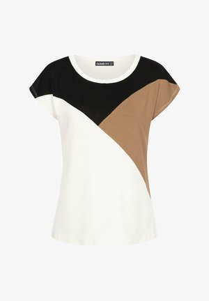 T-paita lyhythihaisena, valmistettu puuvillasta. Siinä on värilohkoasu mustista, valkoisista ja beigeistä osuuksista. Pyöreä pääntie, rento istuvuus.