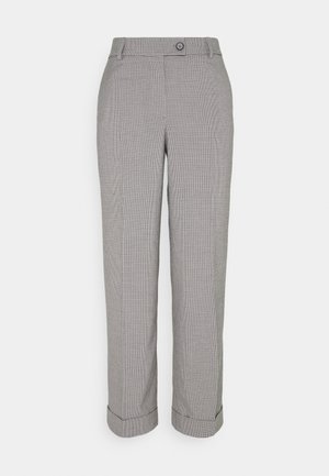 Pantalon sur mesure à carreaux gris avec fermeture à bouton et zip, passants pour ceinture et revers au bas.