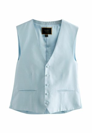 Heledad sinine vest, millel on tekstuurne kangas, V-kaelus, kuus nööpi, kaks eesmist taskut ja sile seljaosa.