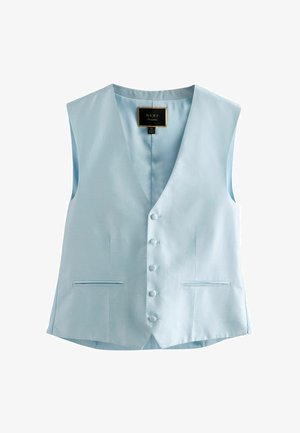 Heledad sinine vest, millel on tekstuurne kangas, V-kaelus, kuus nööpi, kaks eesmist taskut ja sile seljaosa.