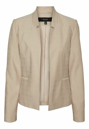Blazer beige con motivo a spina di pesce, dotato di colletto, apertura frontale e due tasche laterali. Tessuto morbido e design strutturato. Interno foderato.