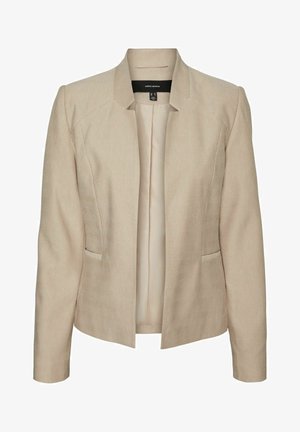 Bež kirdega musteriga bleiser, millel on krae, avatud esikülg ja kaks küljetaskut. Pehme tekstuur ja struktureeritud disain. Vooderdatud sisemus.