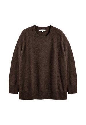 Brauner Strickpullover mit Rundhalsauschnitt und langen Ärmeln. Er hat eine weiche Textur sowie gerippte Bündchen und Saum für einen entspannten Sitz.