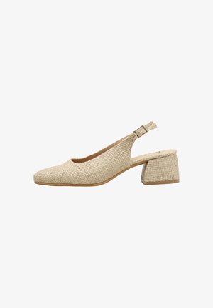 Zapato de mujer tipo slingback beige con tejido texturizado, puntera puntiaguda, tira ajustable con hebilla y tacón bloque.