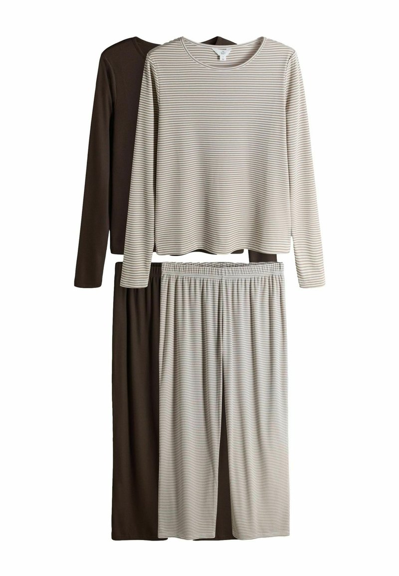 Gelaagde slaapkledingset bestaande uit een bruin top met lange mouwen, een gestreept beige top en bijpassende broek met elastische tailleband. Zachte, geribbelde textuur.