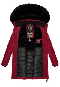 Red padded coat with a black faux fur hood. Interior features black lining with quilted texture. Includes brand tags and a zip closure.