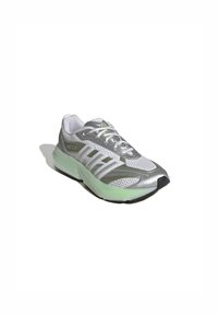 Silver and white athletic shoe with mesh and synthetic materials, featuring a textured sole, green accents, and lace-up closure.