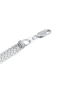 Silver kedjelänk med ett spänne, med flera fina länkar, en slät finish och en cirkulär design med integrerade anslutningsringar.