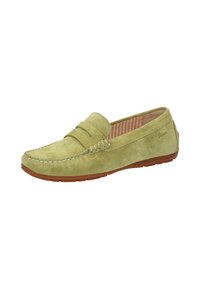 Grüne Wildleder-Mokassinschuhe mit gesticktem Design, im Slip-On-Stil und einer strukturierten Sohle. Das Innere weist ein gestreiftes Muster auf.