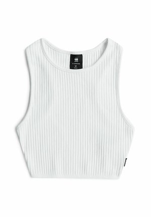 Wit geribd mouwloos crop top met ronde hals, maat 12, met een zwart merkembleem aan de achterzijde van de kraag.