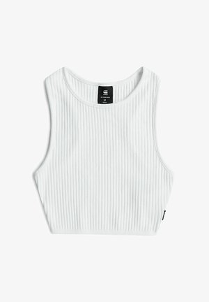 Biały prążkowany crop top bez rękawów z okrągłym dekoltem, rozmiar 12, z czarną metką marki z tyłu kołnierza.