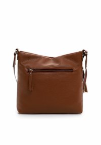 Brown leather crossbody bag with a textured finish, featuring a front zip pocket, adjustable strap, and minimalist design.