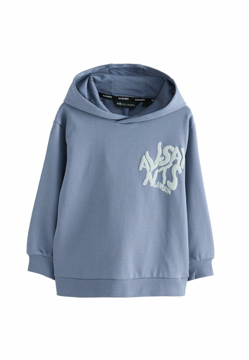 Modrá mikina s kapucí z měkké bavlny, s texturovaným bílým logem na hrudi a žebrovanými manžetami a lemem. Volný střih.