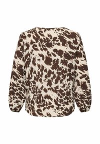 Bluzica z dolgimi rokavi z rjavim in kremnim abstraktnim potiskom, okroglo izrezom, sproščenim krojem in teksturo blaga.