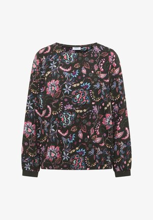 Black long-sleeve blouse with colorful floral pattern in pink, blue, purple, and green, featuring a round neckline and cuffed sleeves.