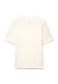 Kurzärmeliges T-Shirt mit Rundhalsausschnitt in Off-White. Baumwollmischgewebe mit glatter Textur, lockere Passform und umgeschlagene Ärmelbündchen. Einfaches Design, ohne Muster.