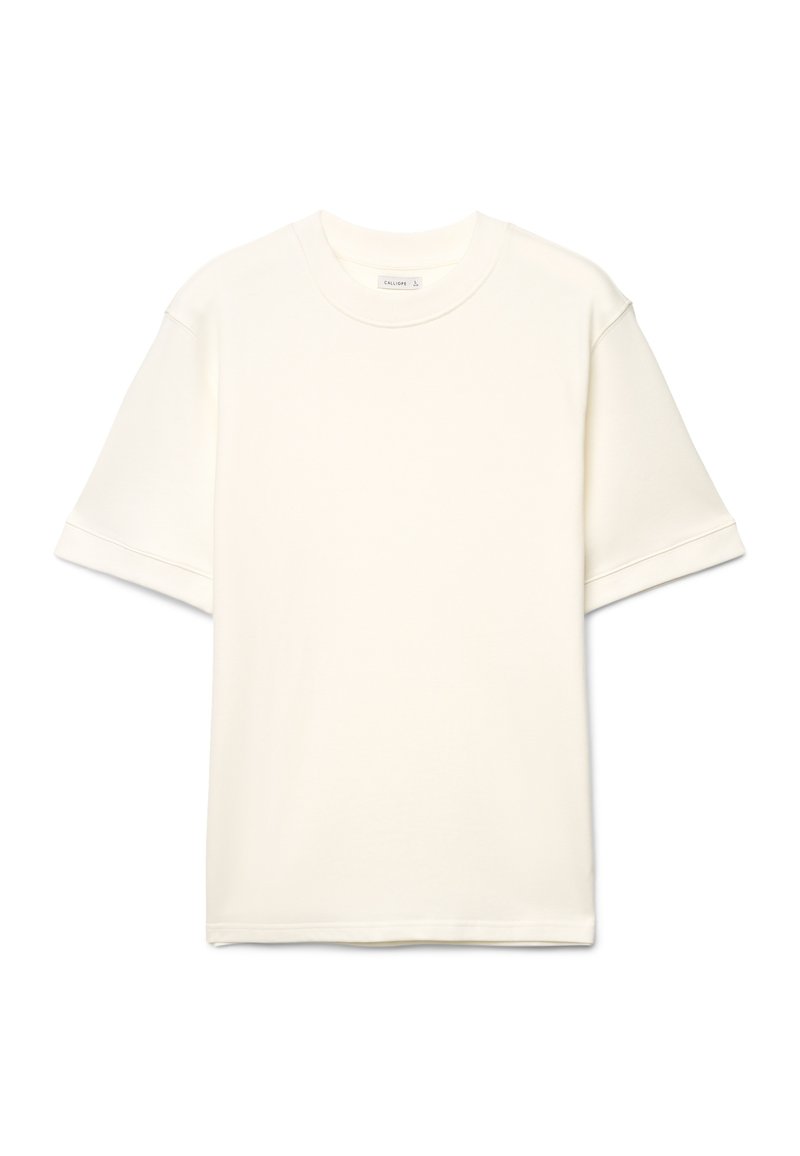 Kurzärmeliges T-Shirt mit Rundhalsausschnitt in Off-White. Baumwollmischgewebe mit glatter Textur, lockere Passform und umgeschlagene Ärmelbündchen. Einfaches Design, ohne Muster.
