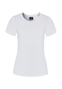 Witte T-shirt met korte mouwen en een ronde halslijn, gemaakt van zacht katoen. Heeft een getailleerd ontwerp met een gladde textuur.