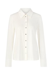 Long-sleeve white button-up shirt with pointed collar and silver buttons down the center front.