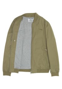 Giacca bomber verde oliva con zip completa, polsini a coste e fodera interna grigia. Presenta un logo sul petto e tasche laterali.
