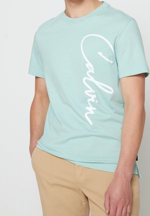 Mintgrøn bomulds t-shirt med et hvidt, vertikalt "Calvin" logo. Korte ærmer, rund halsudskæring, blød tekstur, sideslidser i kanten.