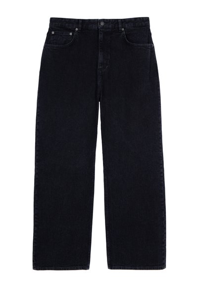 Bredde ben corduroy bukser i mørkeblå, med en ribbet tekstur, standard fem-lomme design og metal knaplukning i taljen.