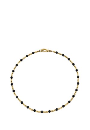 Bransoletka z pozłacanymi koralikami z naprzemiennie występującymi małymi czarnymi i złotymi koralikami, z zapięciem typu karabińczyk w kolorze złotym.